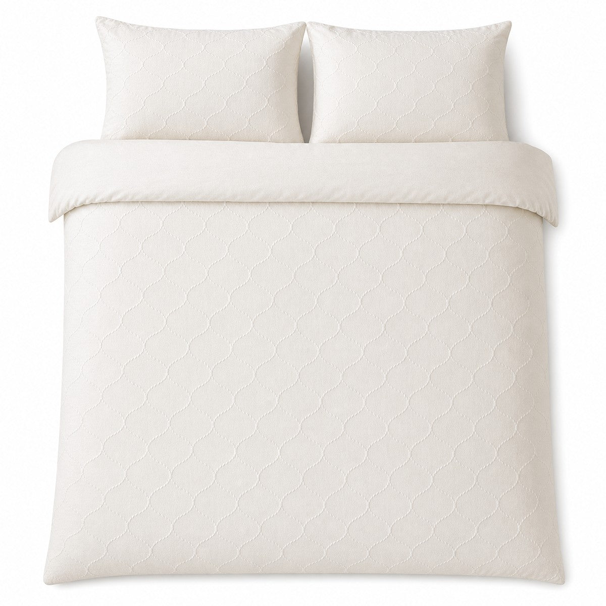 Overhead flat lay of the Montez Jacquard Beige duvet cover set with two matching pillowcases