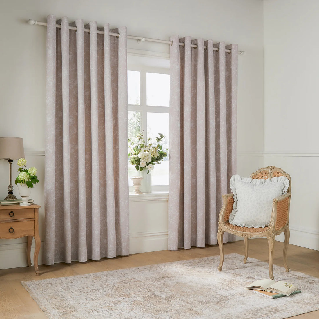 Bella Floral Lined Eyelet Curtains Natural