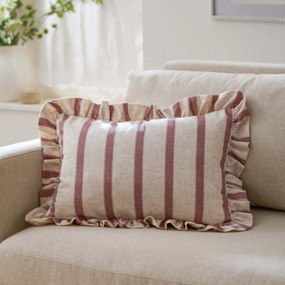 Nature Connie Striped Ruffle Cushion Cover Clay Pink 35 x 50cm - image 1