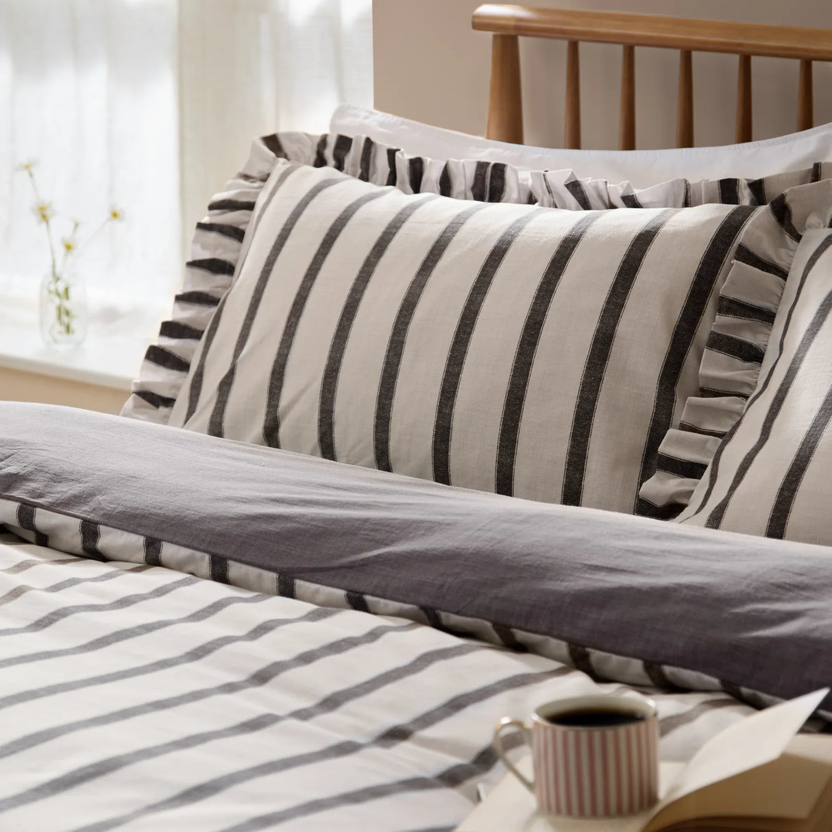 Nature Connie Striped Ruffle Duvet Cover Set Chocolate - image 3