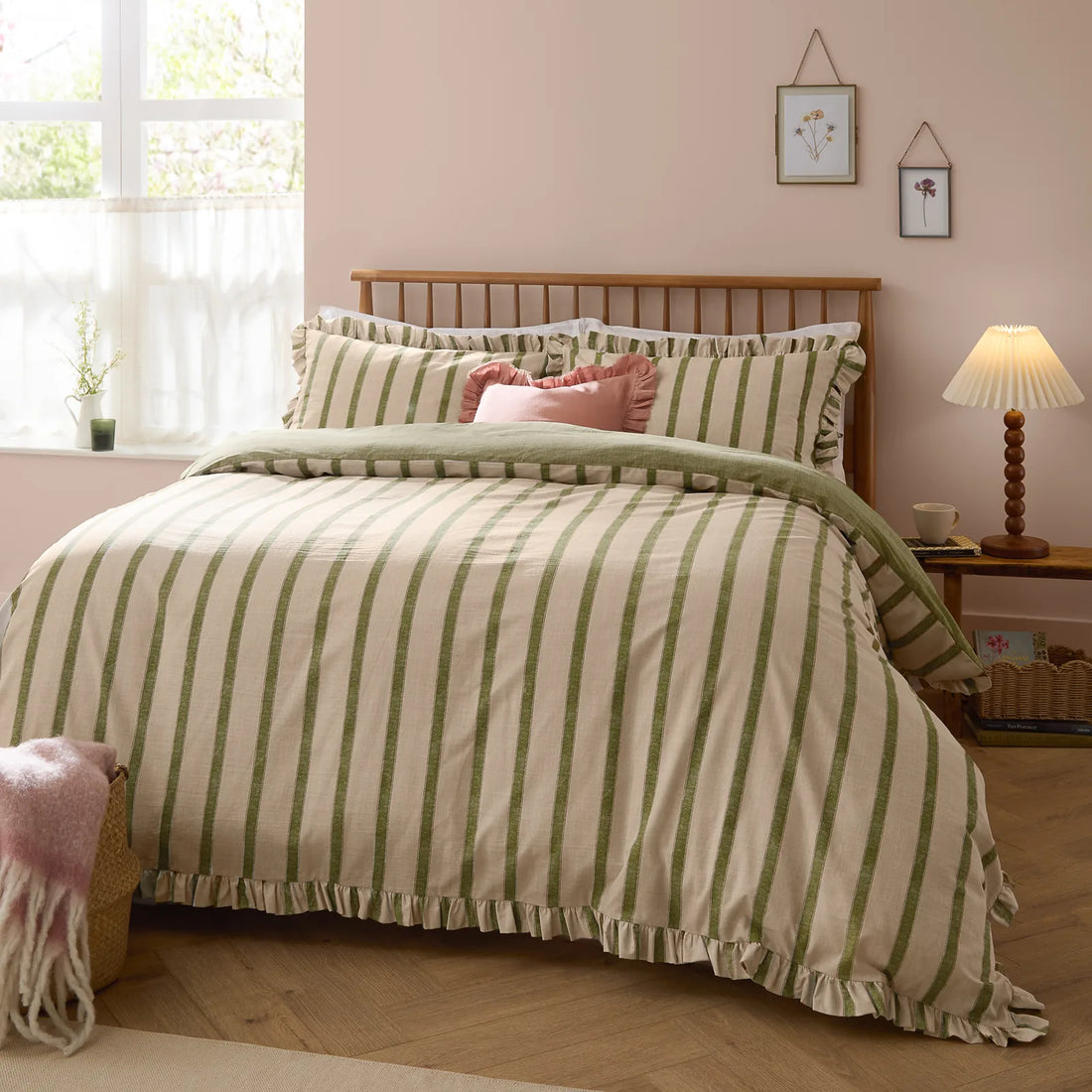 Connie Striped Ruffle Duvet Cover Set Olive