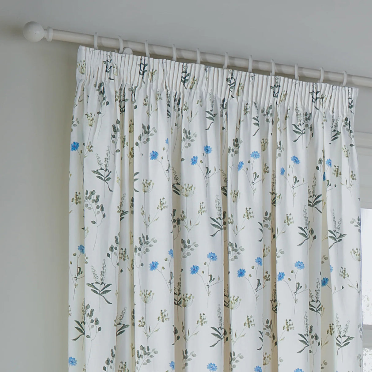 Nature Meadow 100% Cotton Lined Pencil Pleat Curtains White/Cornflower 46" x 54" - image 3
