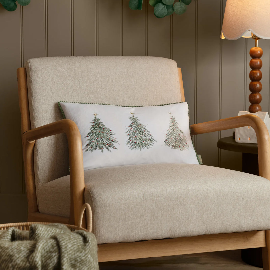 Twinkling Tree Trio Embroidered Cushion Cover Green 30 x 50cm