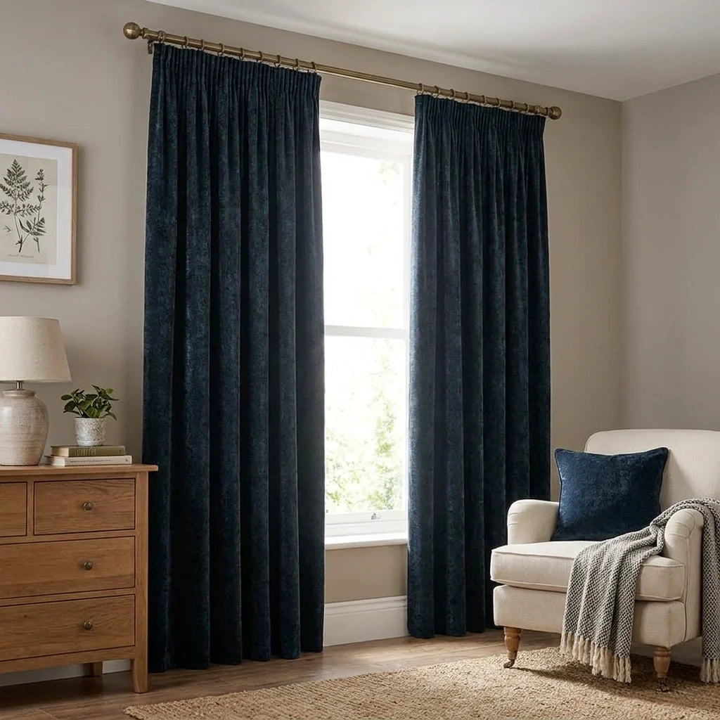Heavy Lined Navy Velvet Chenille Pencil Pleat Curtains