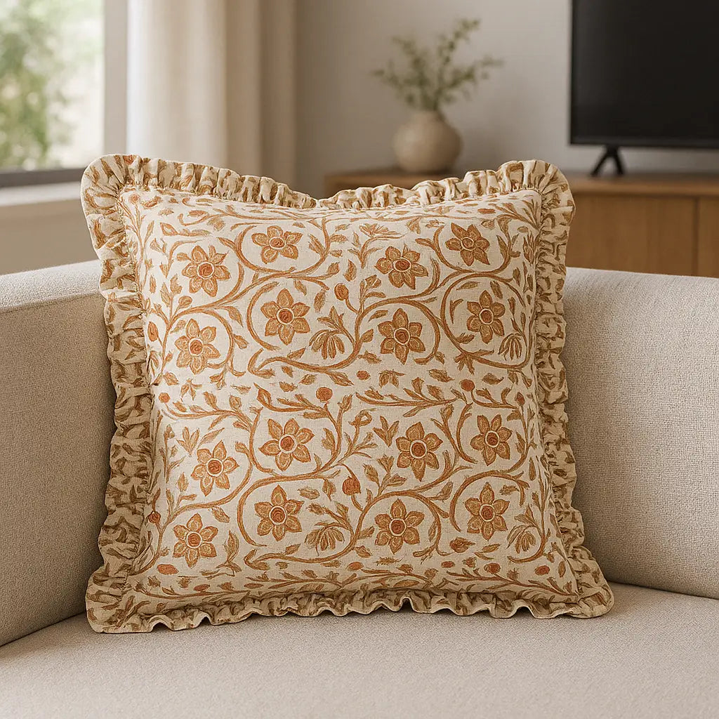 Linen Filigree Linen / Ochre Cushion Cover or Filled Cushion 50cm x 50cm
