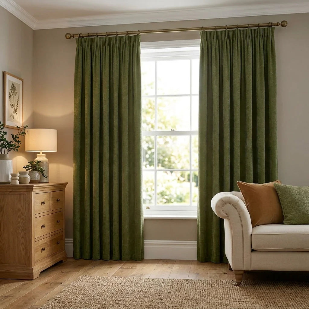 Heavy Lined Olive Velvet Chenille Pencil Pleat Curtains