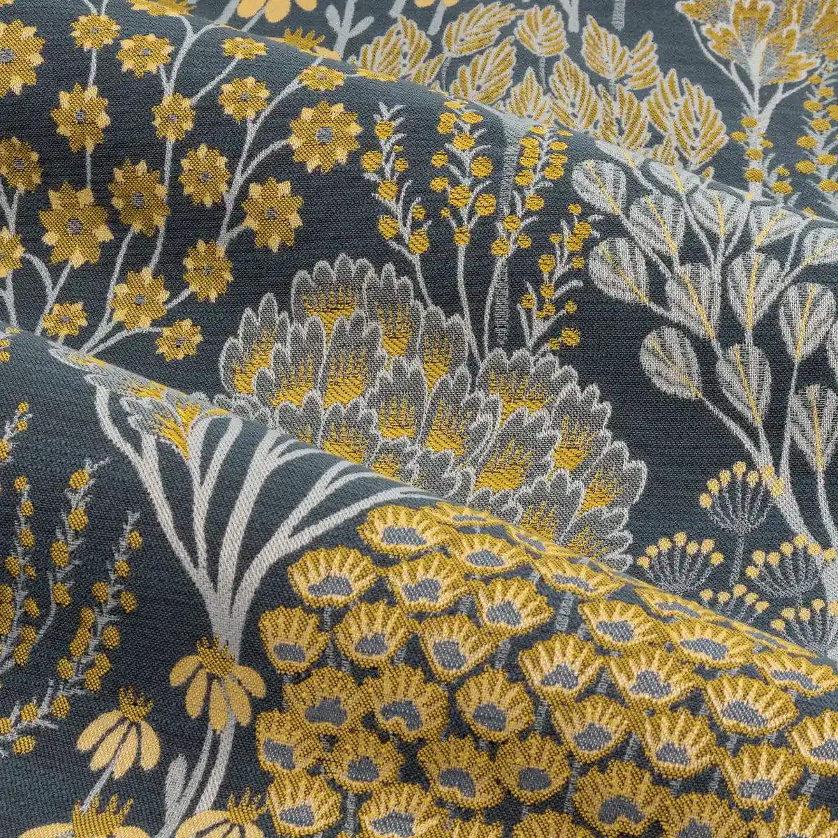 Ophelia Fully Lined Jacquard Floral Pencil Pleat Curtains Blue/Saffron - image 5