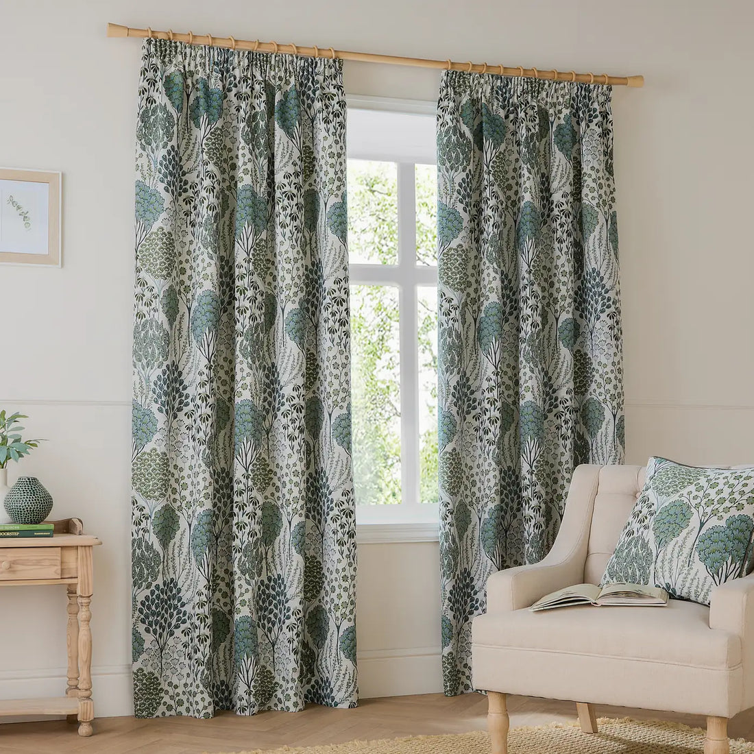 Ophelia Fully Lined Jacquard Floral Pencil Pleat Curtains Thyme/Mineral