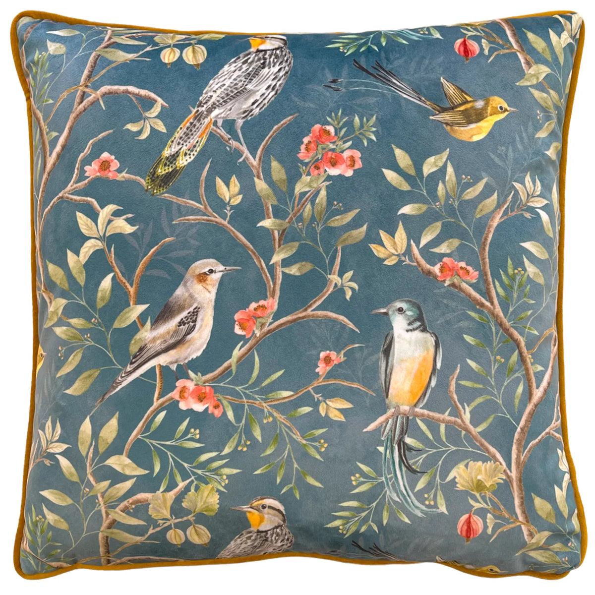 Orient Chinoiserie Birds Velvet Slate Blue Cushion Cover 43cm x 43cm - additional product view 1