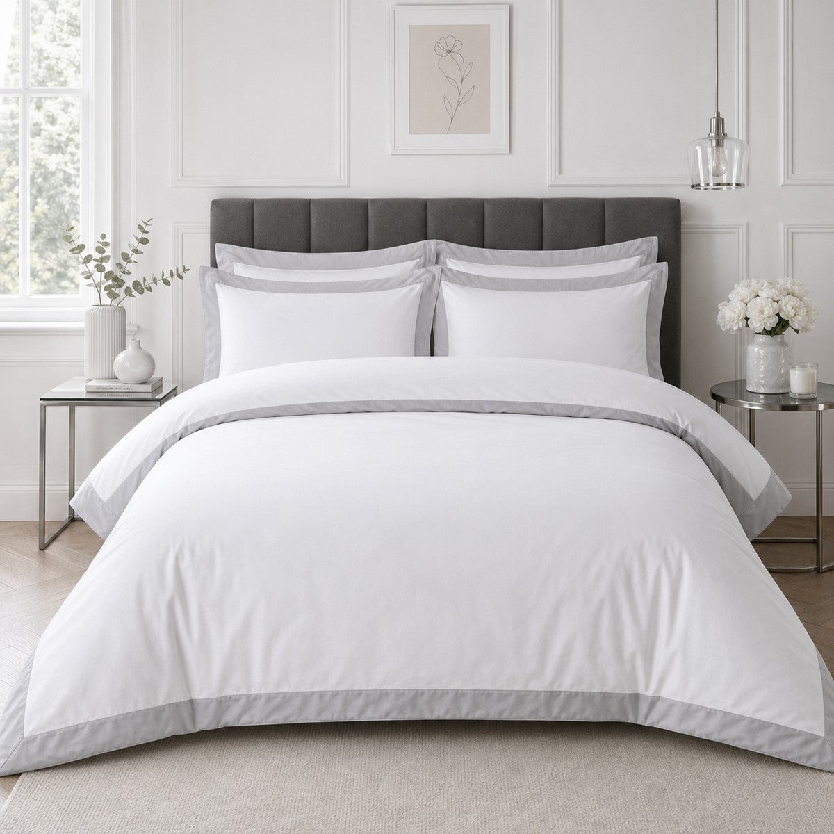 Oxford Edge 100% Cotton White Duvet Cover Set styled on a bed in a coordinated bedroom lifestyle scene