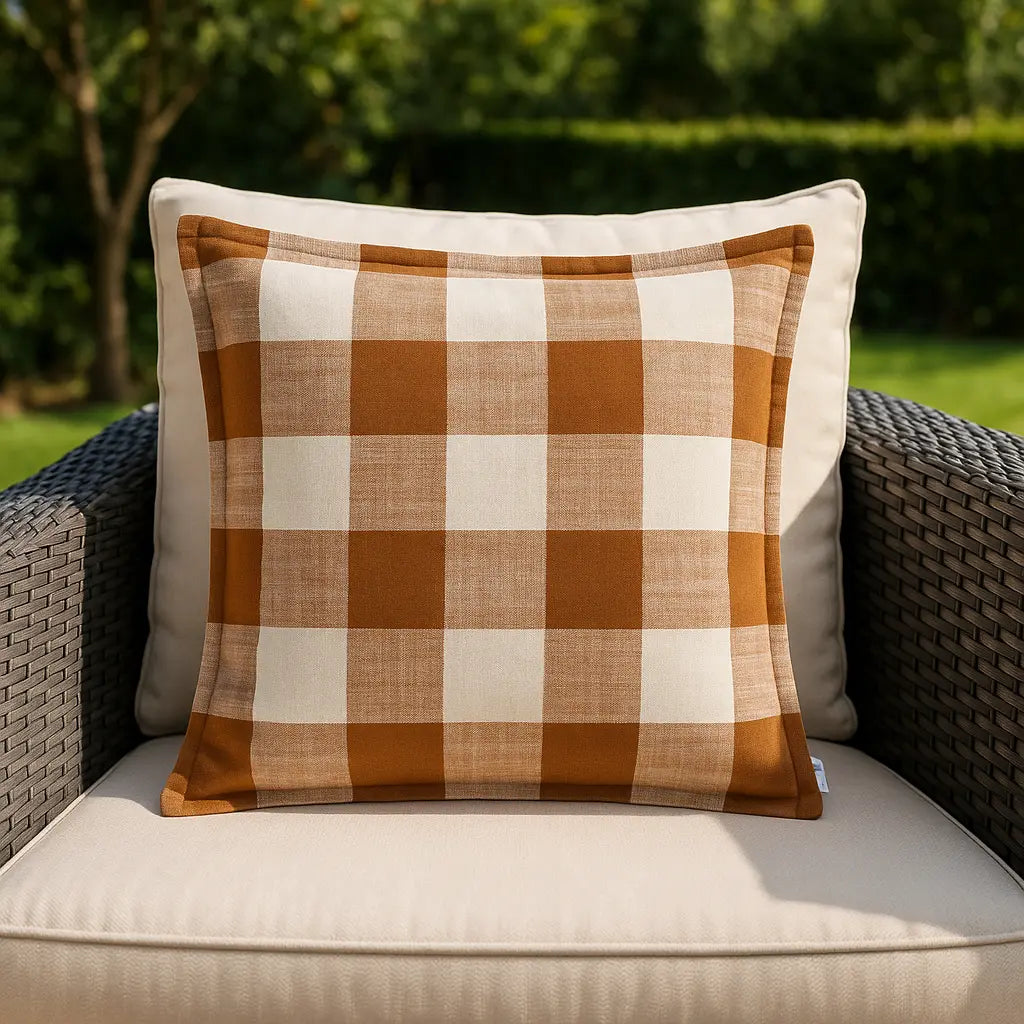 Chesil Check Outdoor 100% Cotton Pecan Cushion Cover or Filled Cushion 50cm x 50cm