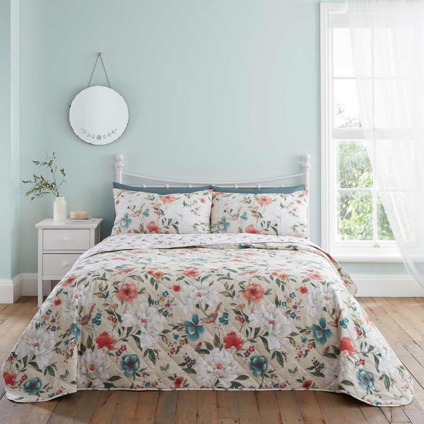 Pippa Floral Birds Quilted Bedspread - Ideal