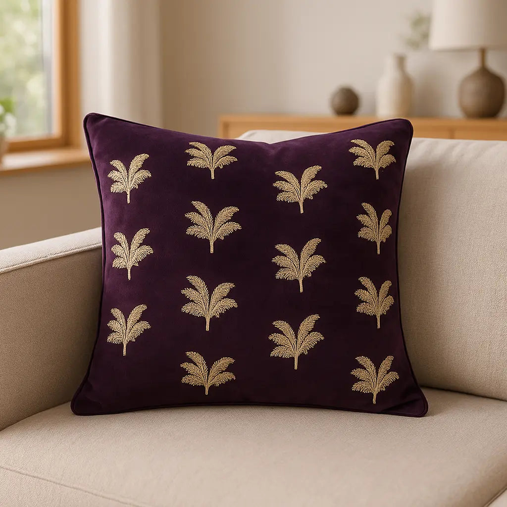 Gilded Palms Velvet Plum Cushion Cover or Filled Cushion 45cm x 45cm