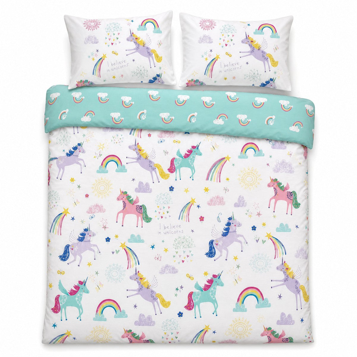 Overhead flat lay of the Rainbow Unicorn Kids Duvet Cover Set with two matching pillowcases