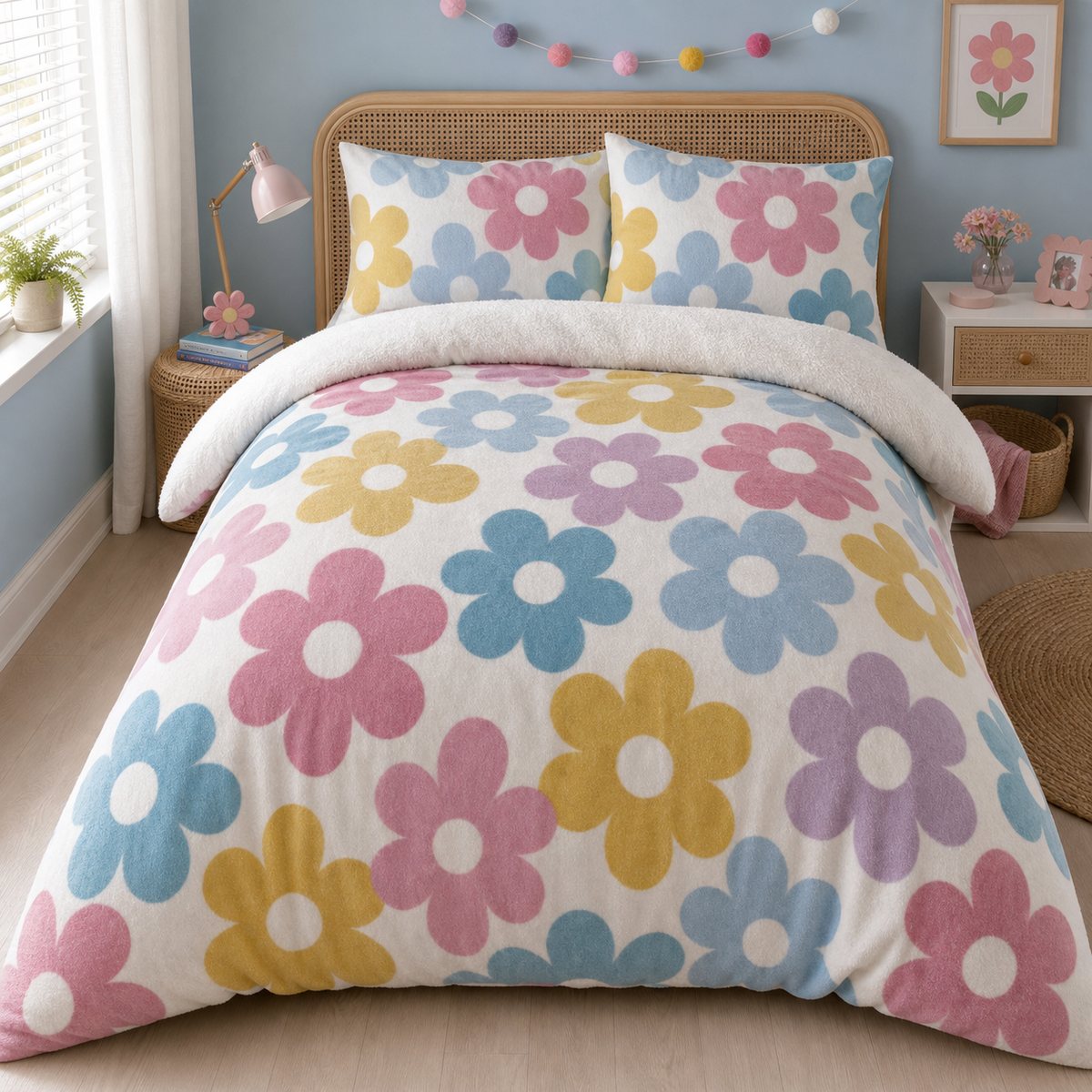 Retro Flower Floral Duvet Cover Set styled on a bed in a coordinated bedroom lifestyle scene