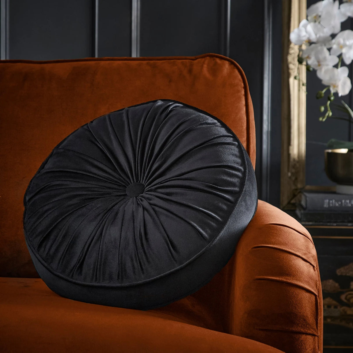 Round Pleat Black Round Filled Cushion 40cm - main product image