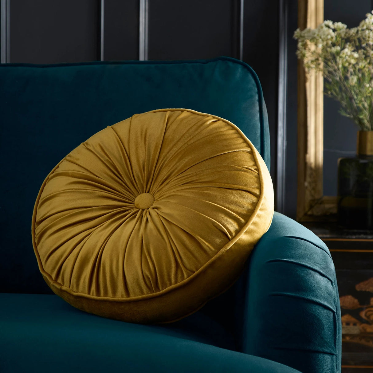 Round Pleat Ochre Round Filled Cushion 40cm - main product image