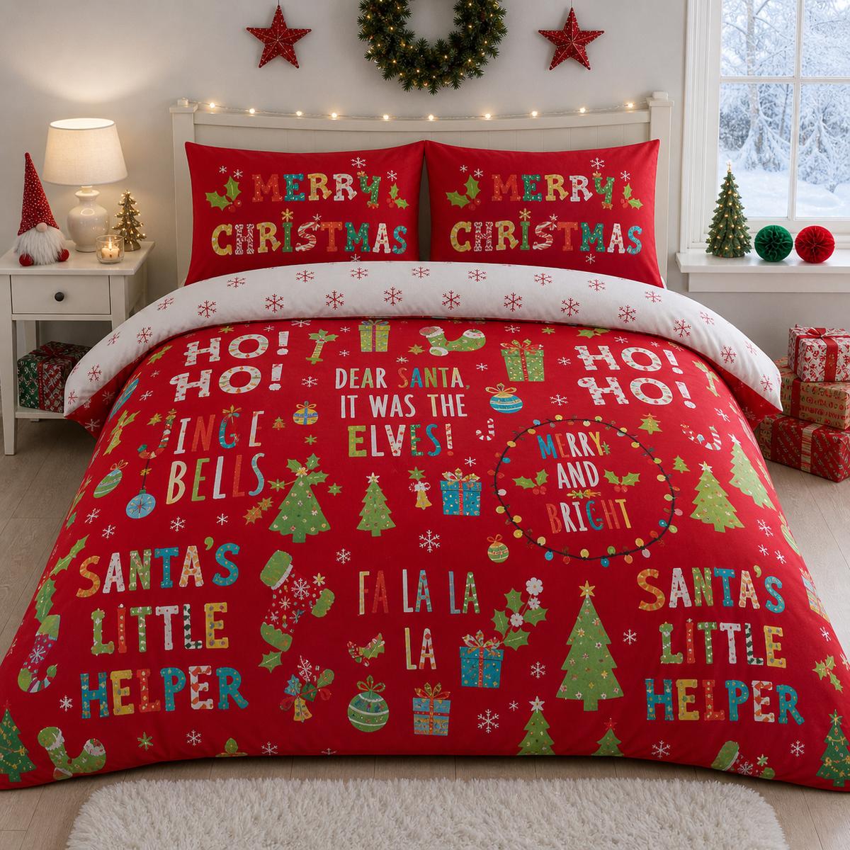 Santa's Little Helper Christmas Polycotton Duvet Cover Set styled on a bed in a coordinated bedroom lifestyle scene