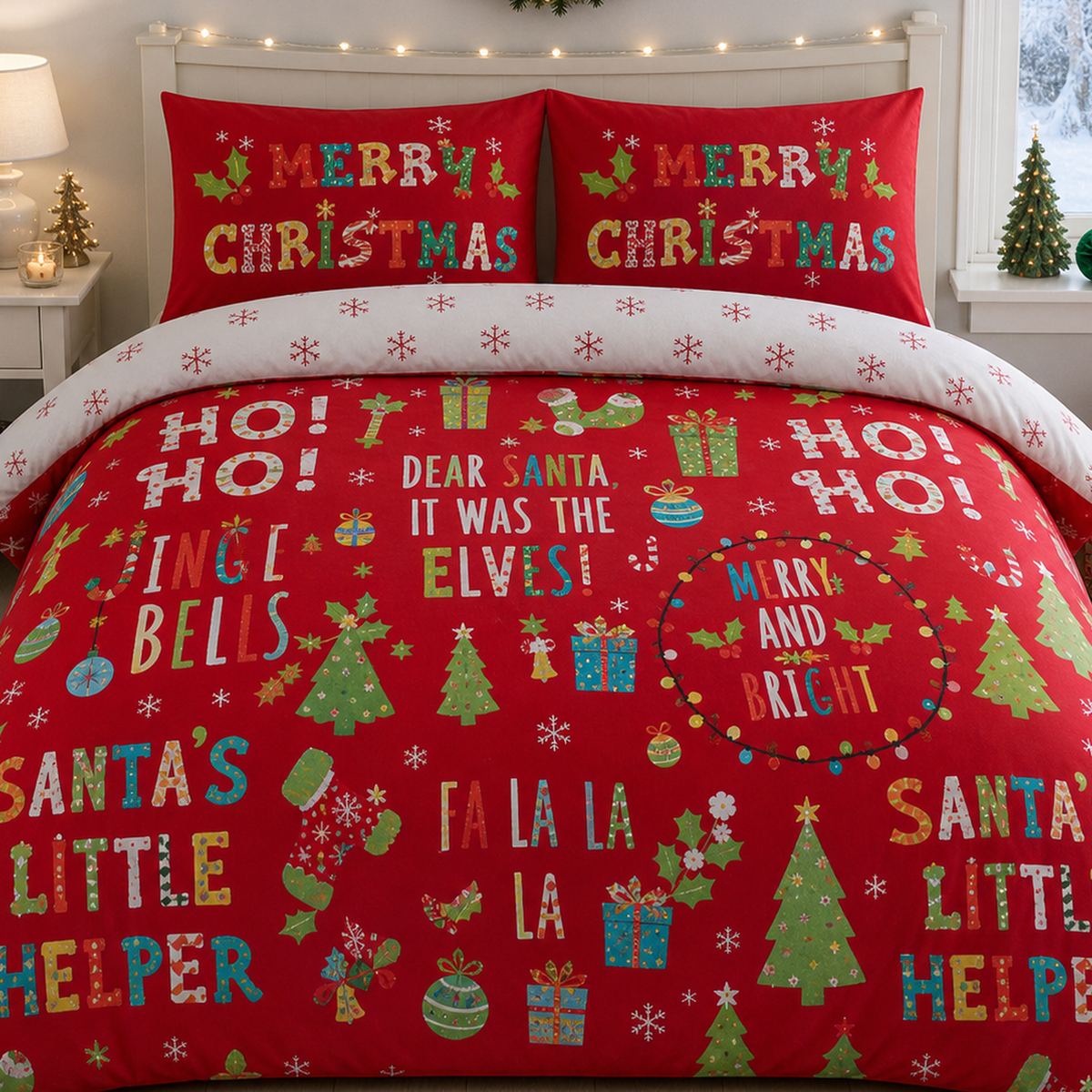 Close-up of matching Santa's Little Helper Christmas Polycotton Duvet Cover Set pillowcases showing the pattern and fabric detail