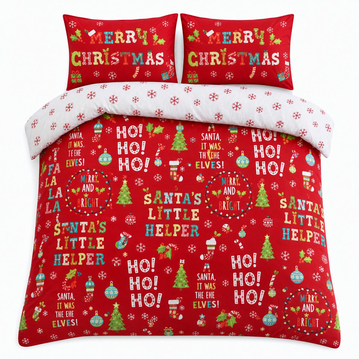 Overhead flat lay of the Santa's Little Helper Christmas Polycotton Duvet Cover Set with two matching pillowcases
