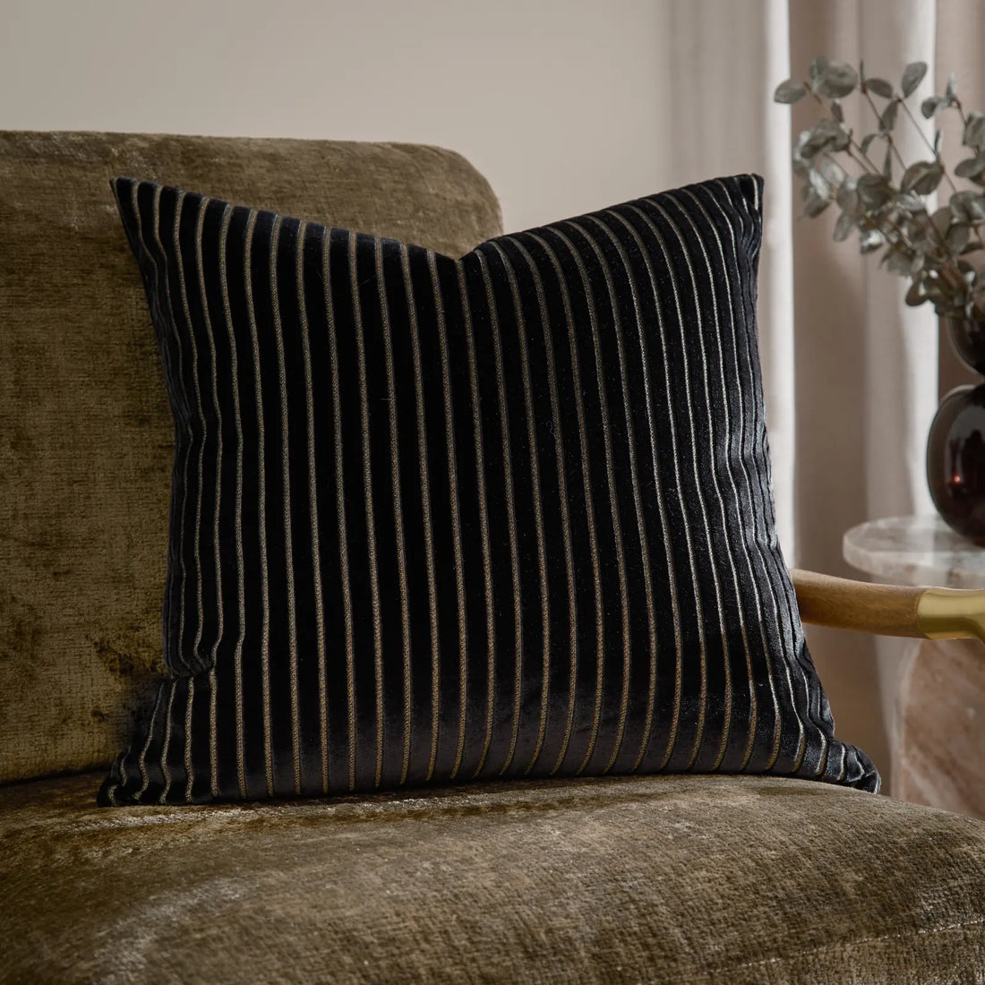 Savoy Stripe Velvet Cushion Cover Black 50 x 50cm
