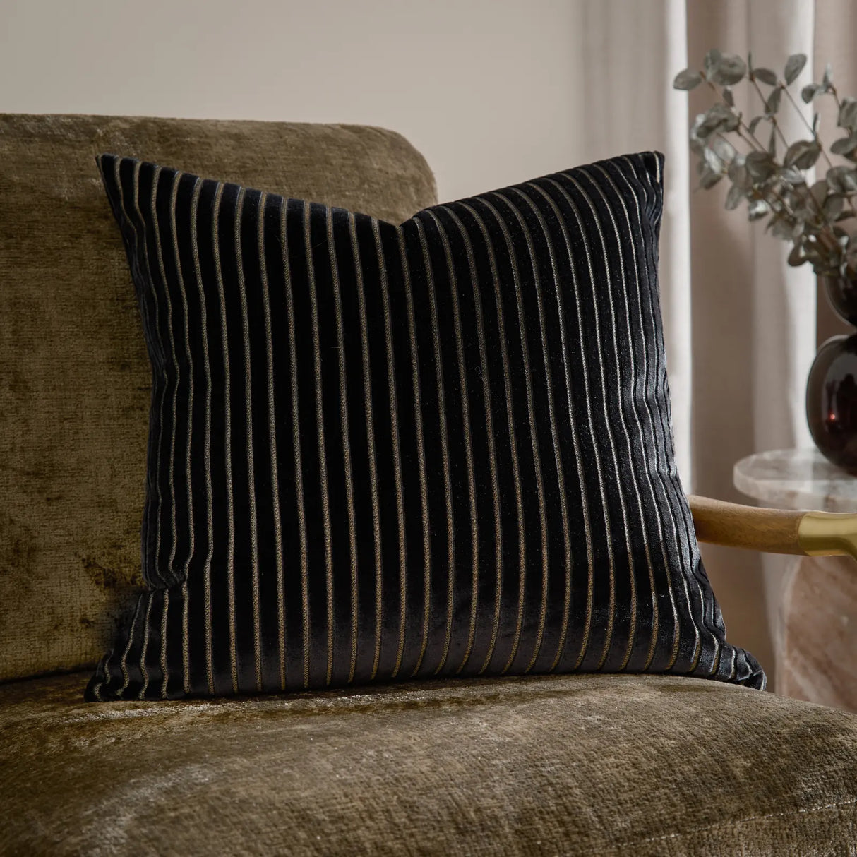Savoy Stripe Velvet Cushion Cover Black 50 x 50cm - image 1