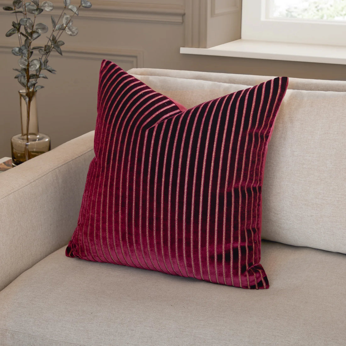 Savoy Stripe Velvet Cushion Cover Burgundy 50 x 50cm