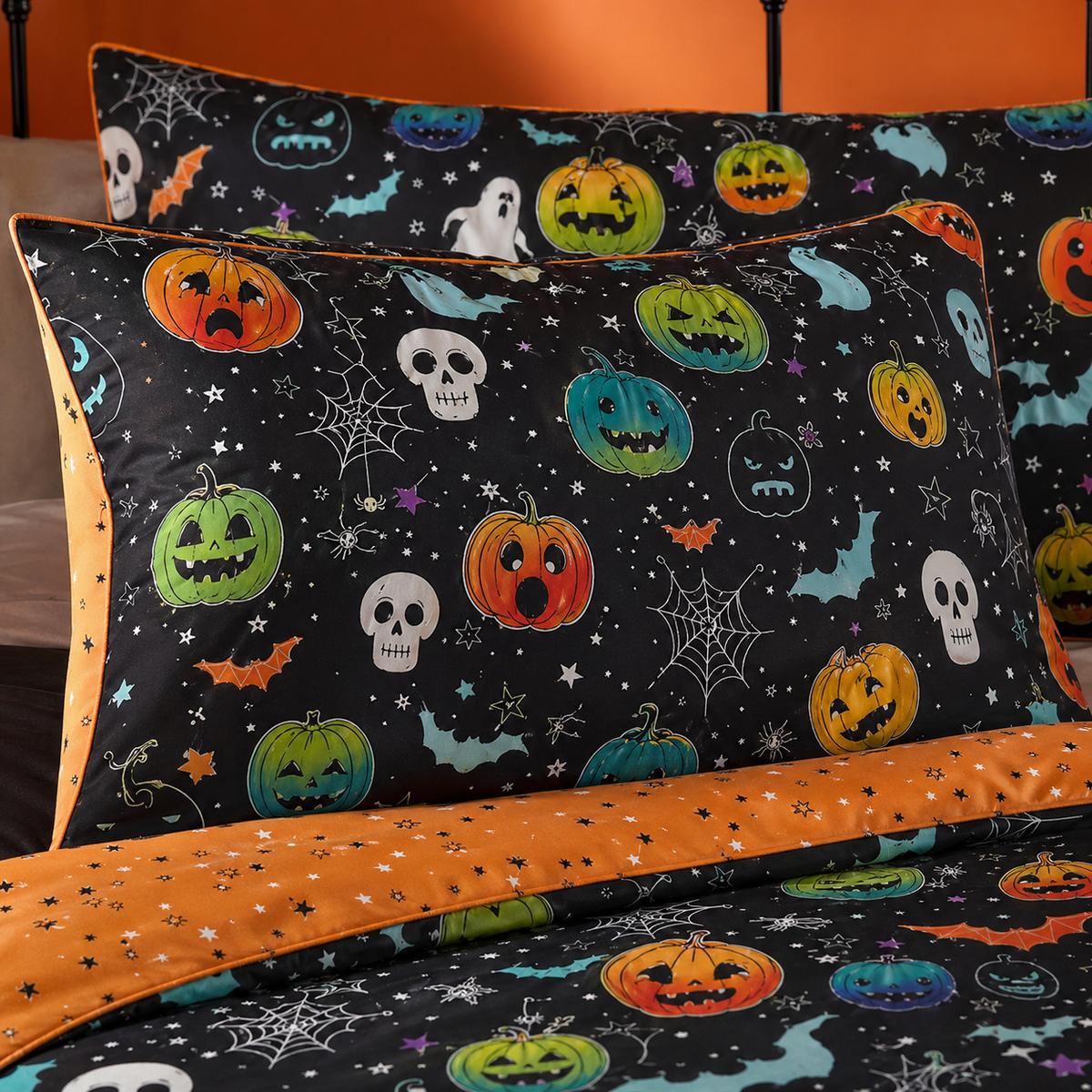Close-up of matching Scary Pumpkins Halloween Microfibre Duvet Cover Set pillowcases showing the pattern and fabric detail