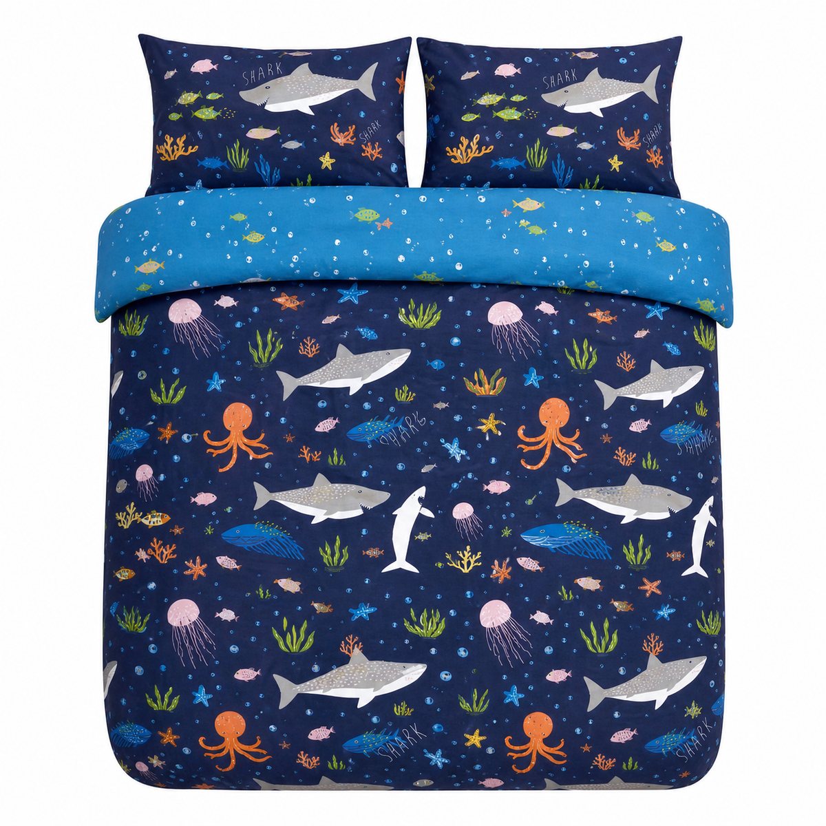 Overhead flat lay of the Sea Life Kids Duvet Cover Set Reversible Bedding Single & Double with two matching pillowcases
