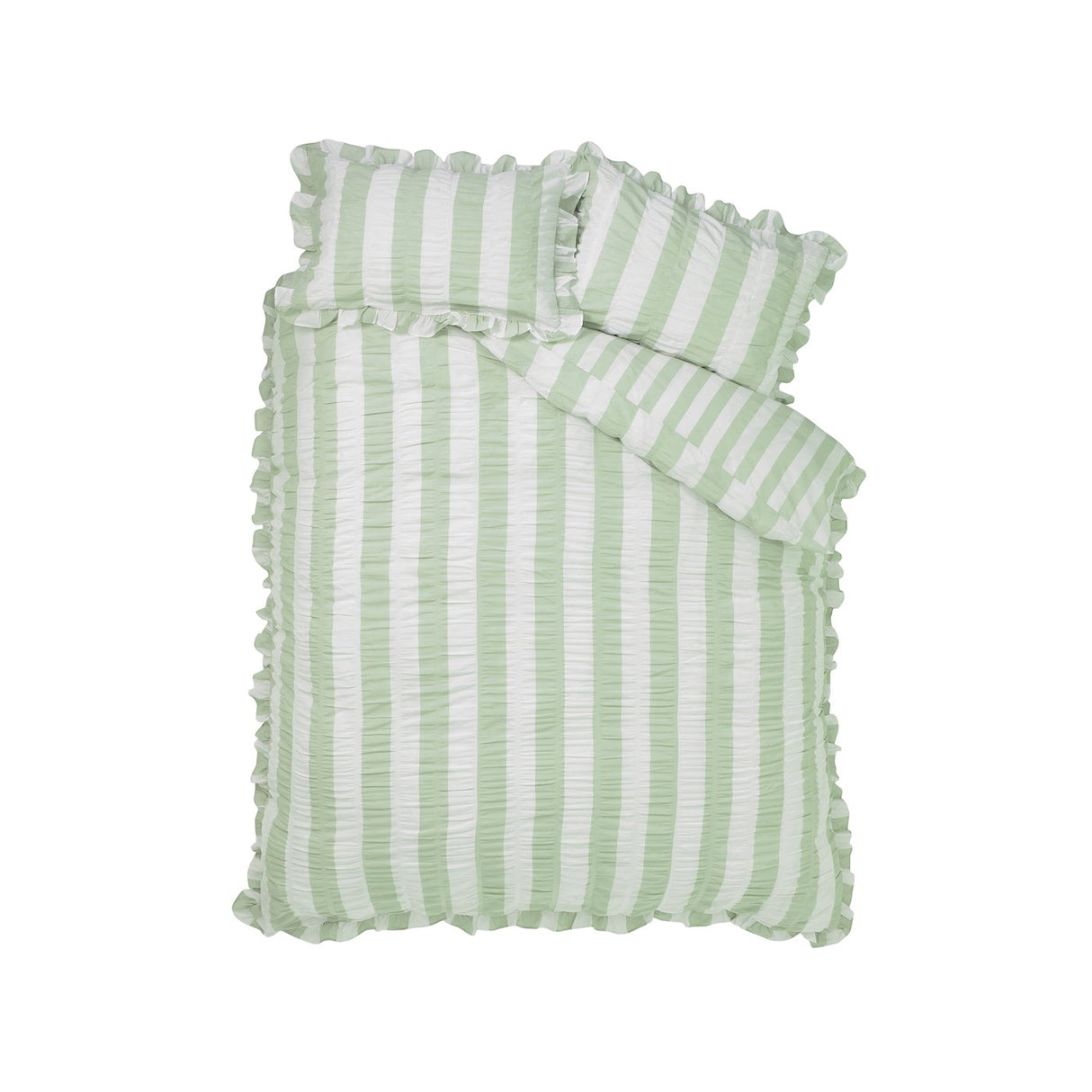 Catherine Lansfield Seersucker Frill Stripe Duvet Cover Set with Pillowcase Green