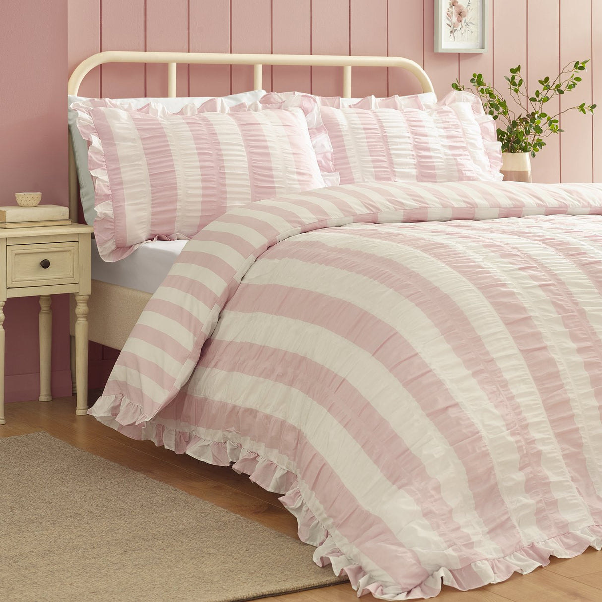 Catherine Lansfield Seersucker Frill Stripe Duvet Cover Set with Pillowcase Pink