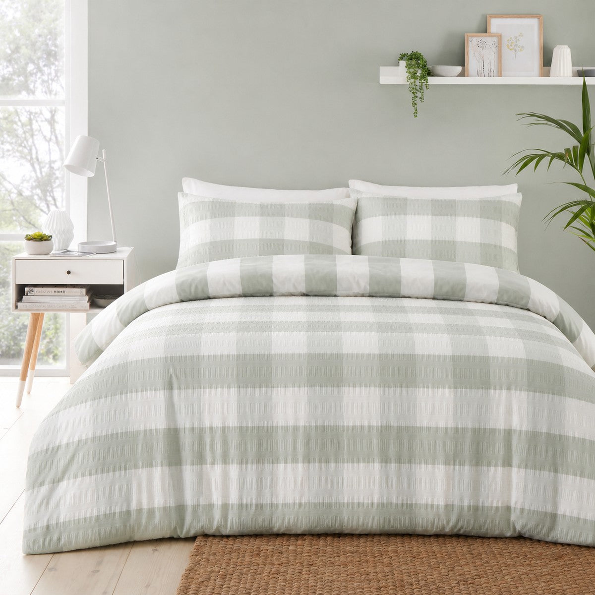 Seersucker Gingham green duvet cover set styled on a fresh bedroom bed
