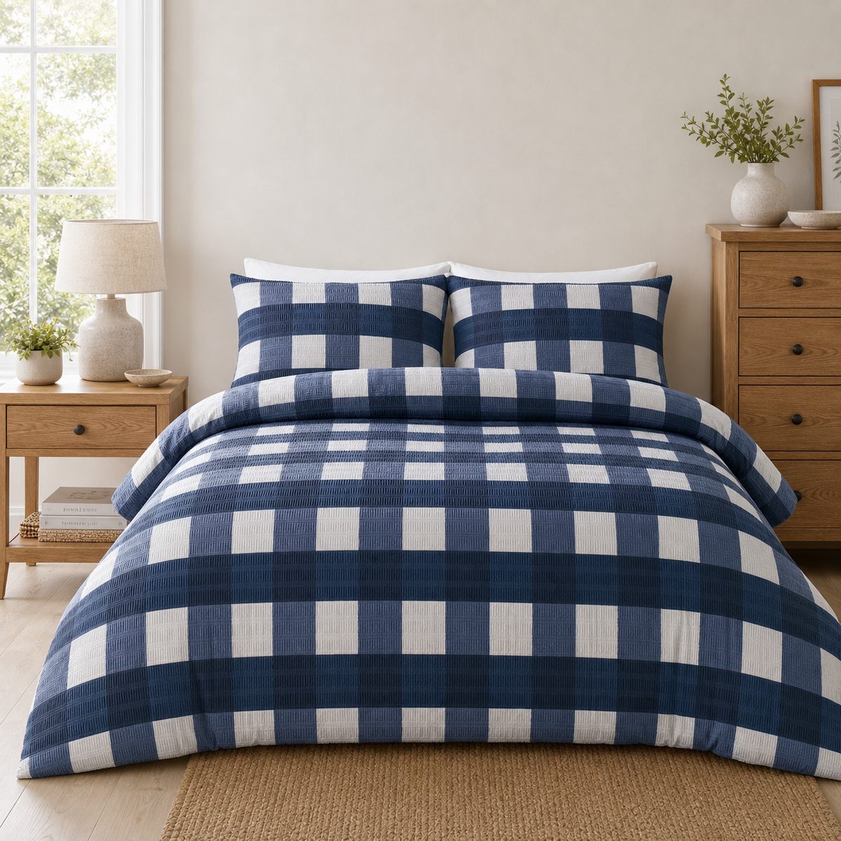 Seersucker Gingham navy duvet cover set styled on a fresh bedroom bed