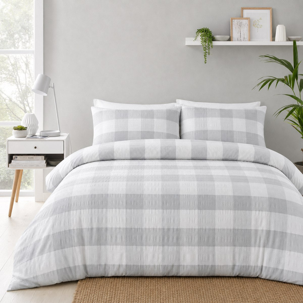Seersucker Gingham silver duvet cover set styled on a fresh bedroom bed