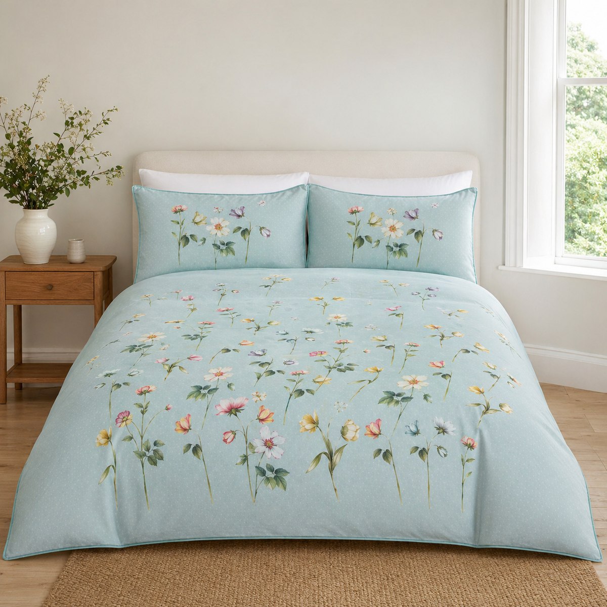 Serenity duck egg floral cotton duvet cover set styled on a bright bedroom bed