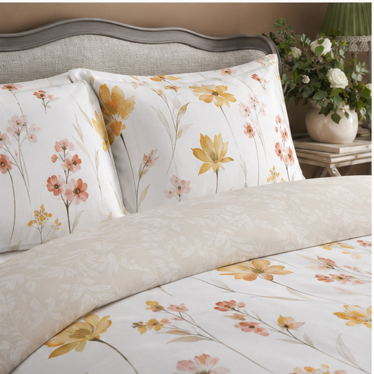 Close-up of Sienna 100% Cotton Duvet Cover Set in gold pillowcases showing the print and fabric detail