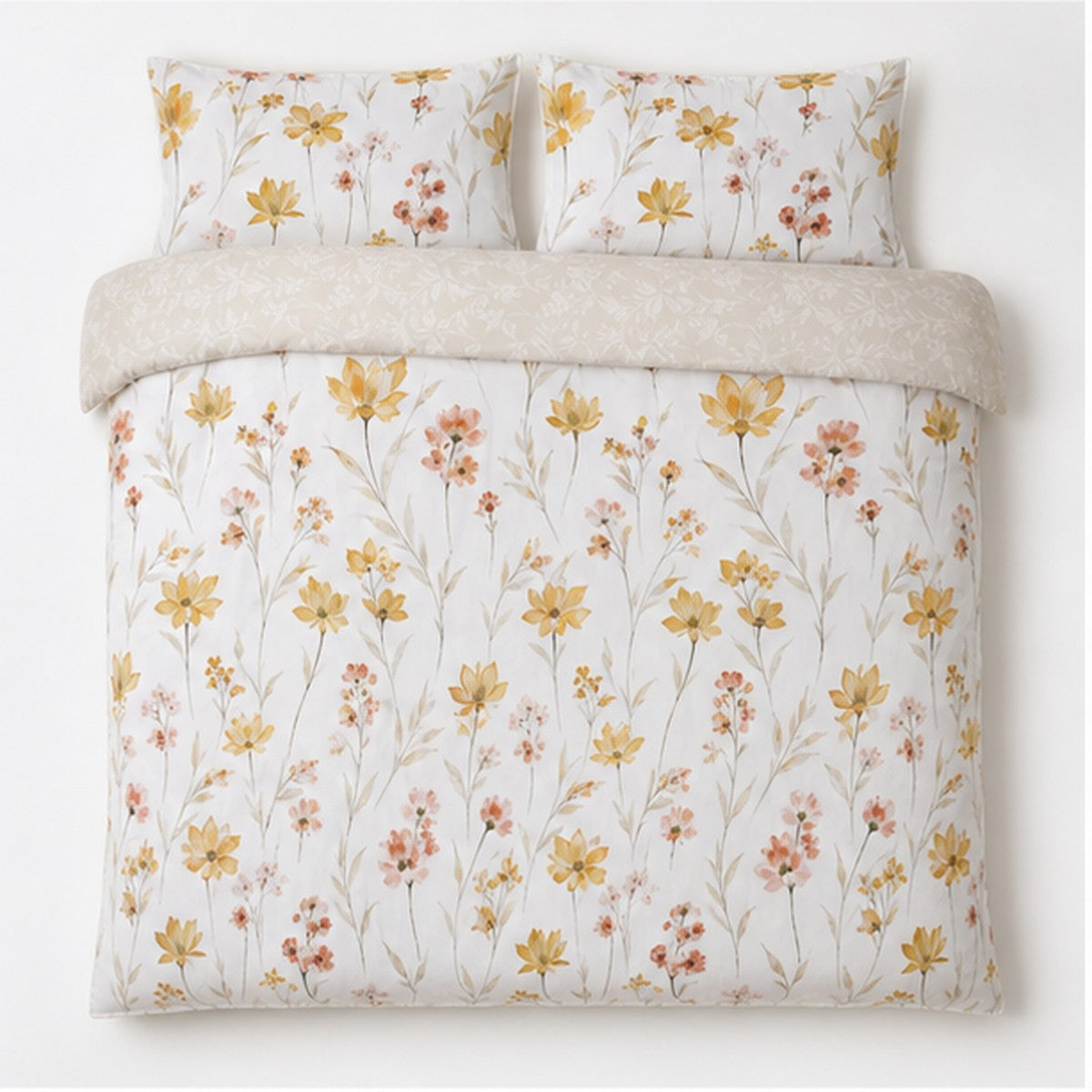 Overhead flat lay of the Sienna 100% Cotton Duvet Cover Set in gold with two matching pillowcases