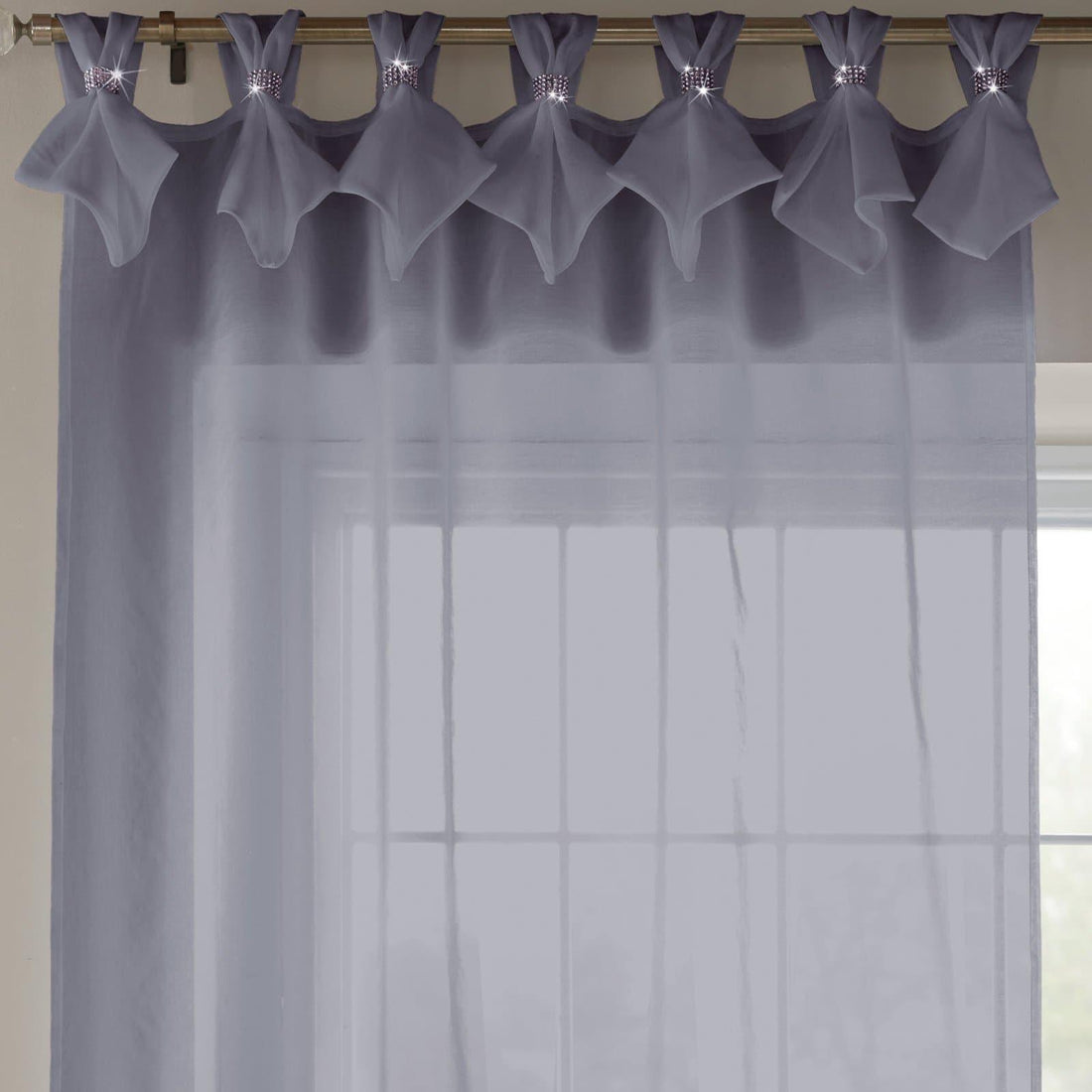 Tiara Diamante Tab Top Silver Voile Curtains Panels Textured