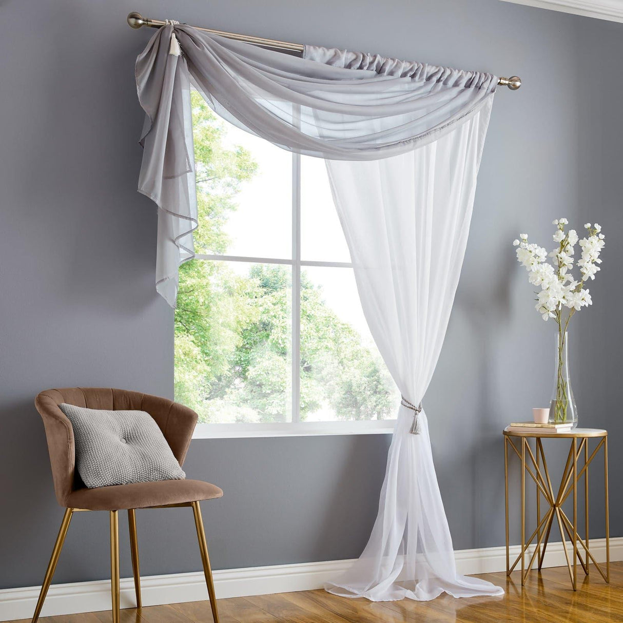 Double Display Sheer Voile Curtain Panel - Silver