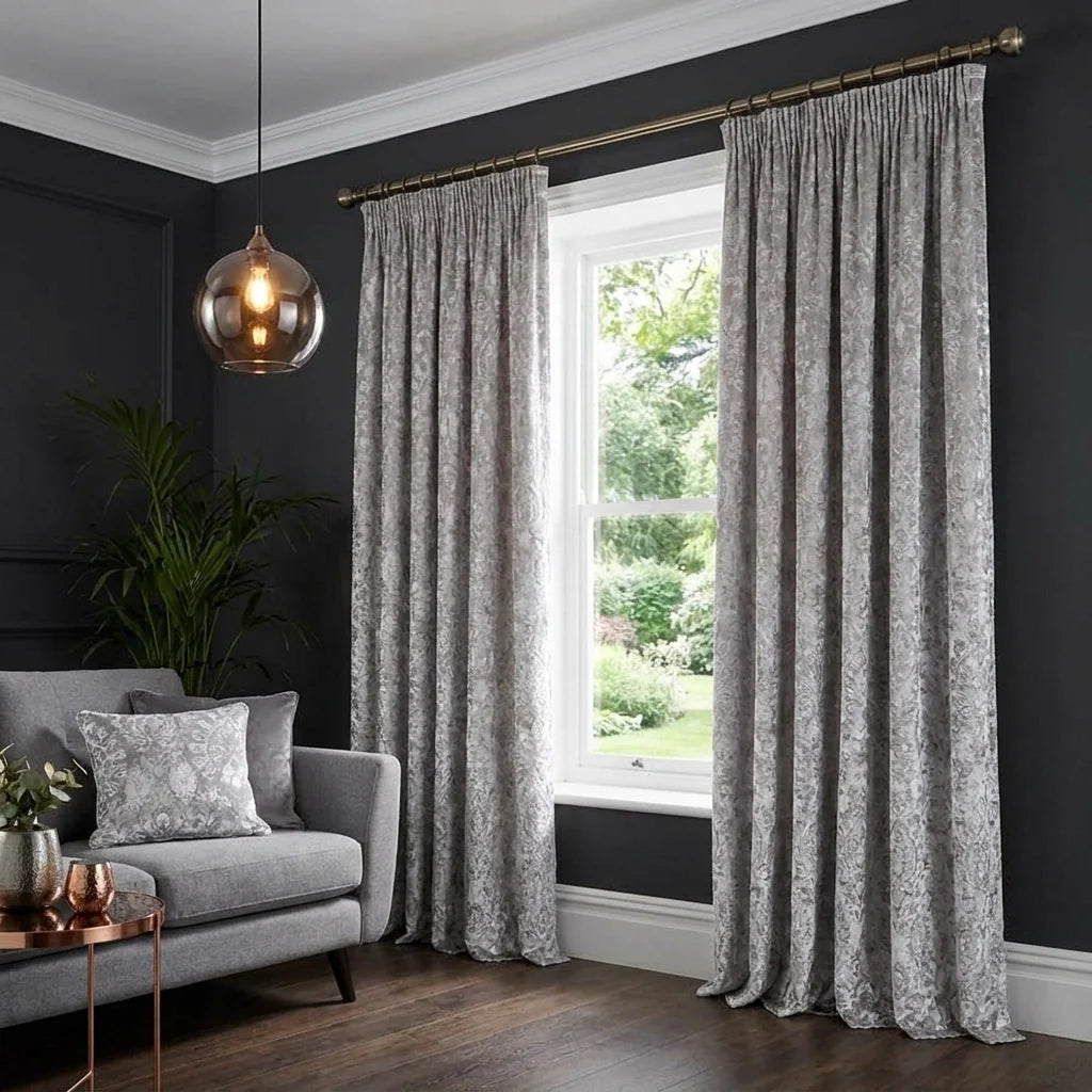 Trinity Jacquard Silver Velvet Thermal Pencil Pleat Curtains