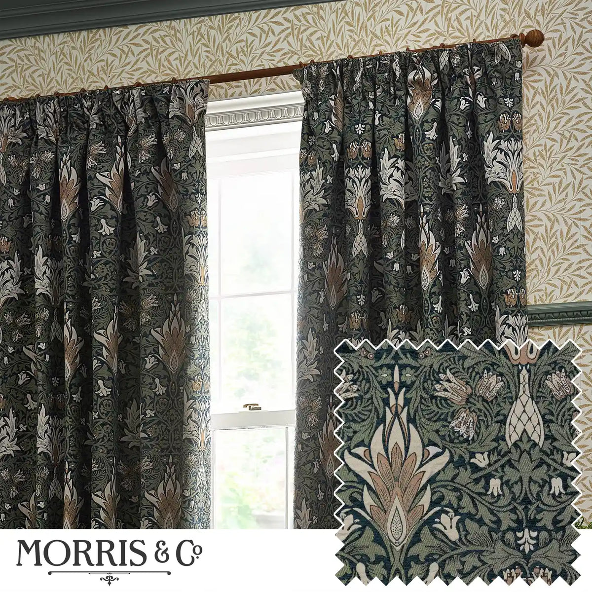 Snakeshead Indigo / Leaf Thermal Blackout Dimout Pencil Pleat Curtains - additional product view 1