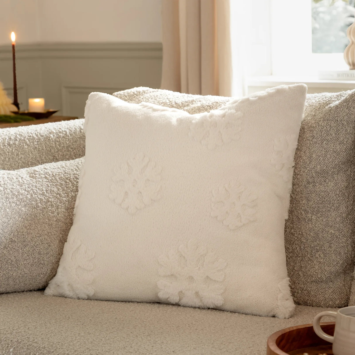 Snowflakes Faux Fur Cushion Cover Snow White 50 x 50cm - image 1
