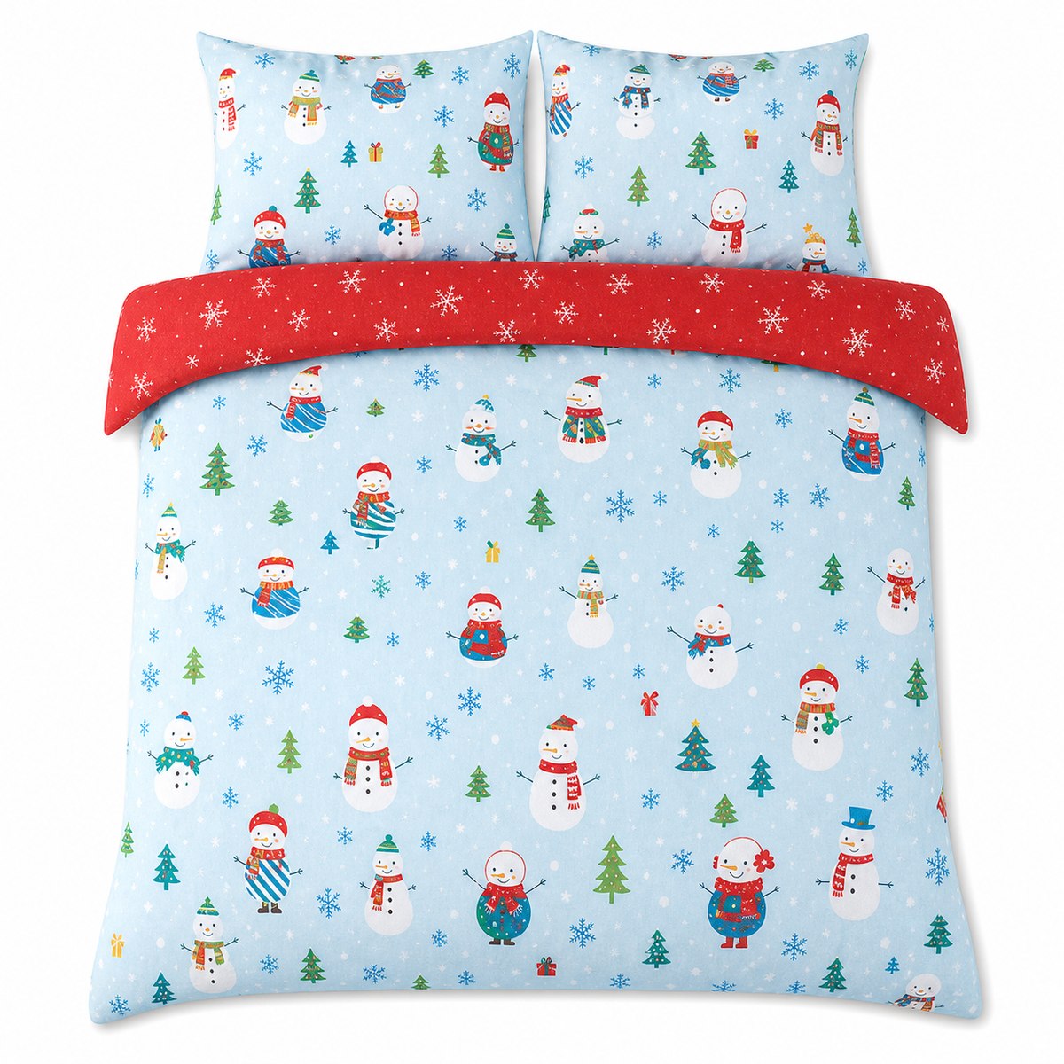 Overhead flat lay of the Snowman Christmas Duvet Cover Set Festive Microfibre Bedding with two matching pillowcases