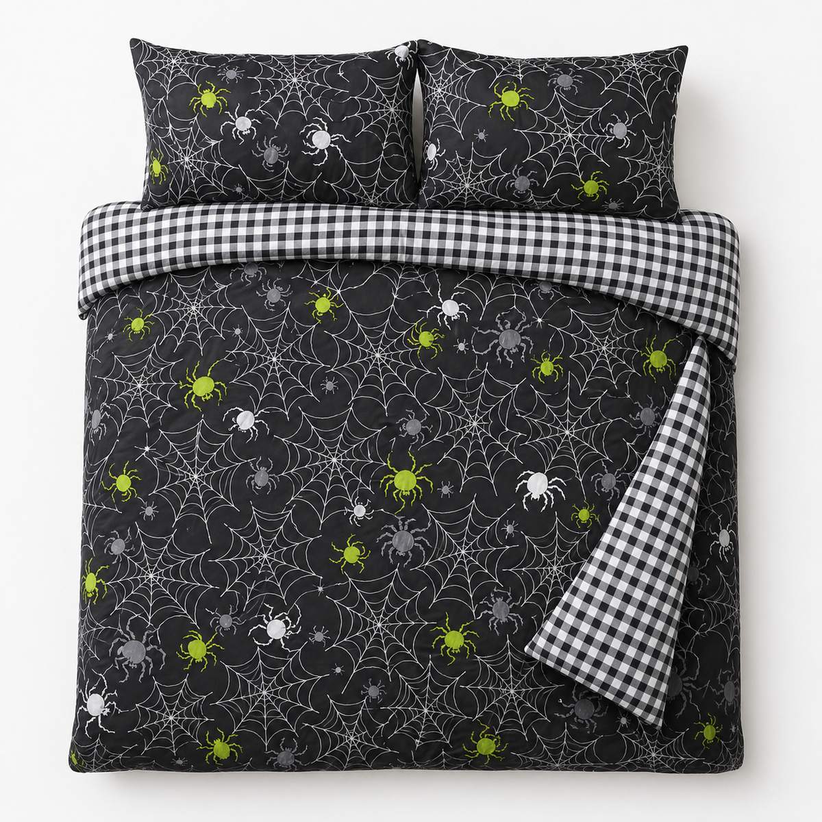 Overhead flat lay of the Spiders Grey Halloween Microfibre Duvet Cover Set with two matching pillowcases