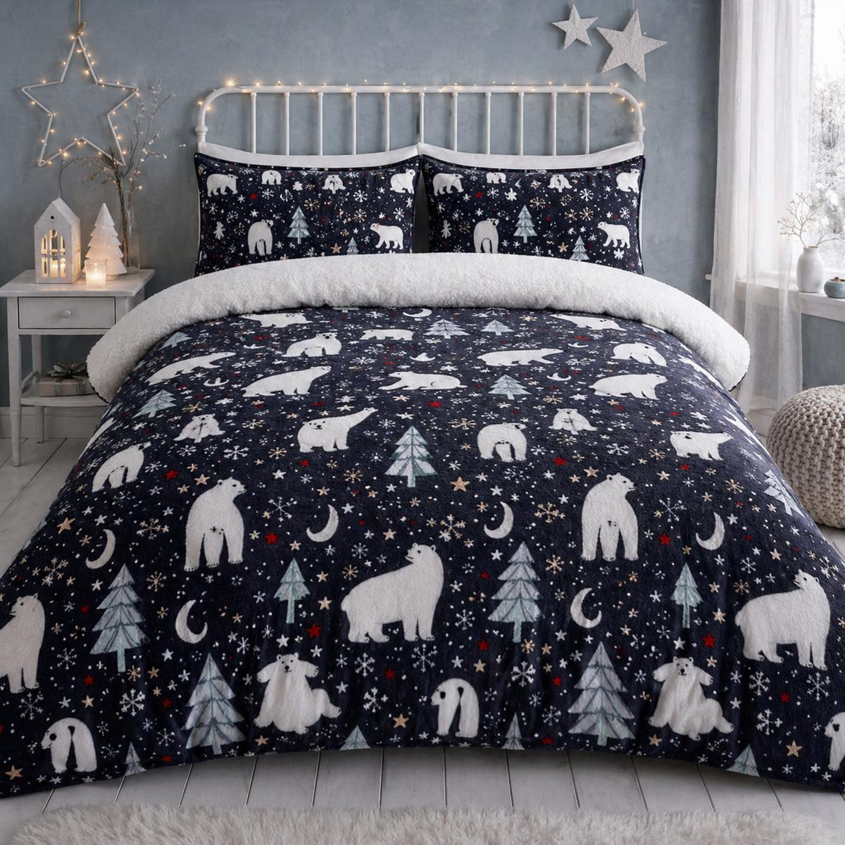 Starry Night Cosy Microfibre Duvet Cover Set styled on a bed in a coordinated bedroom lifestyle scene