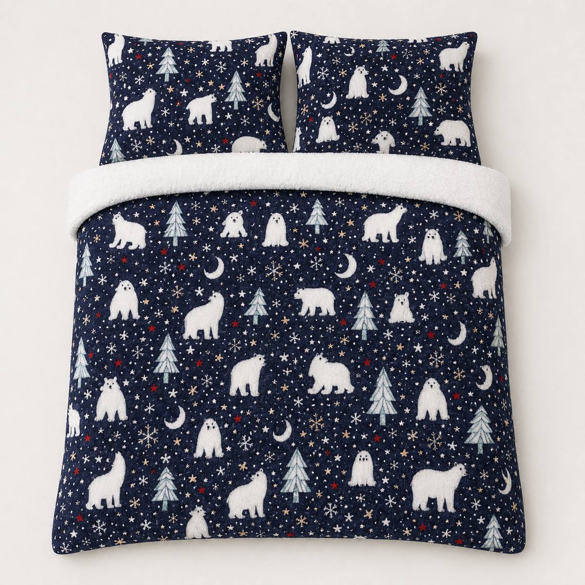 Overhead flat lay of the Starry Night Cosy Microfibre Duvet Cover Set with two matching pillowcases