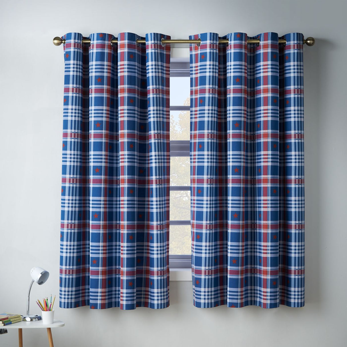 Catherine Lansfield Kids Stars And Check Fully Reversible 66x72 Inch Eyelet Curtains Two Panels Blue