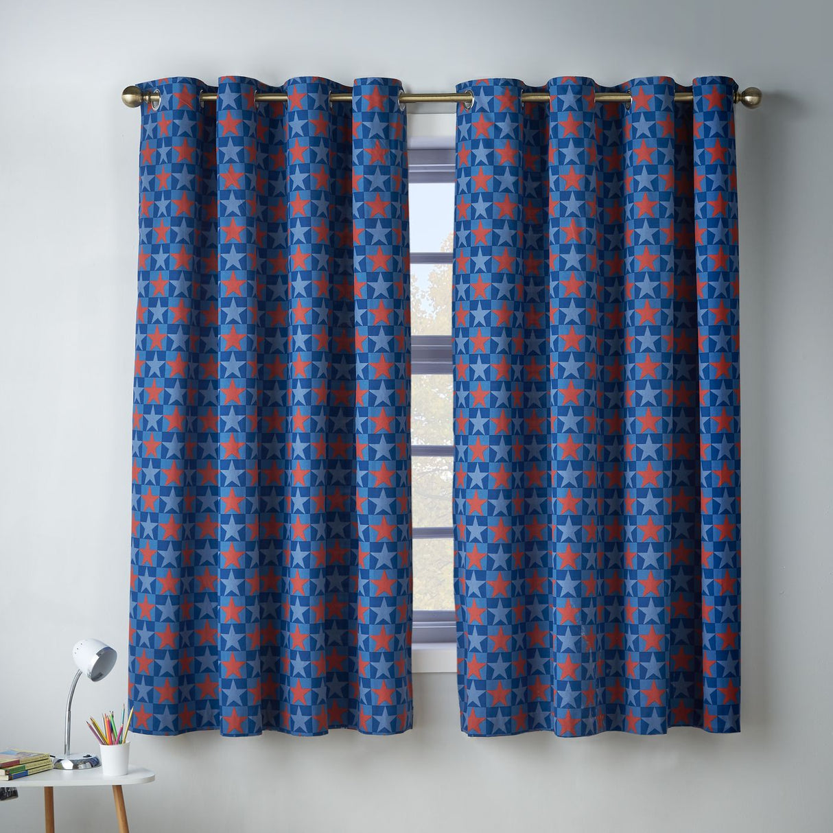 Catherine Lansfield Kids Stars And Check Fully Reversible 66x72 Inch Eyelet Curtains Two Panels Blue