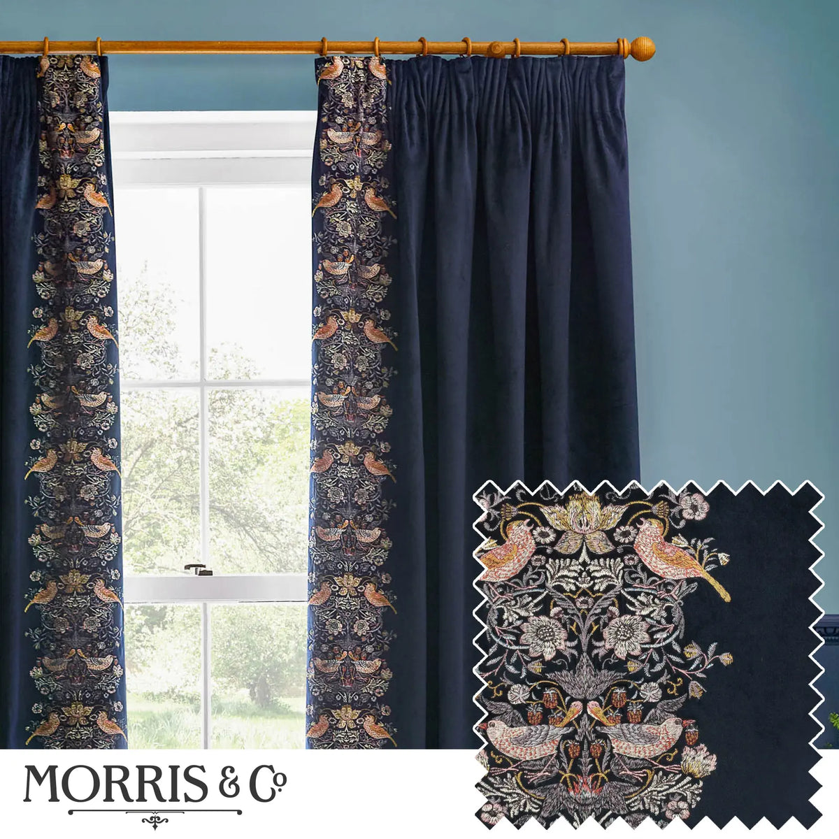 Strawberry Thief Embroidery Indigo Velvet Thermal Blackout Dimout Pencil Pleat Curtains - additional product view 1