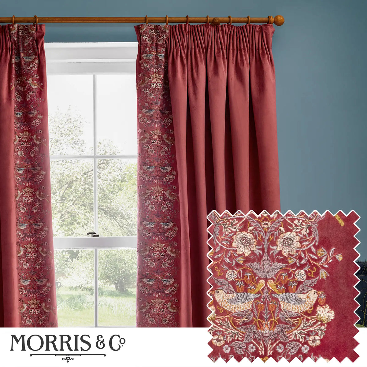 Strawberry Thief Embroidery Berry Velvet Thermal Blackout Dimout Pencil Pleat Curtains - additional product view 1